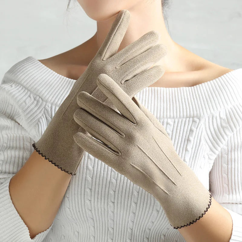 Women Slim Vintage Windproof Touch Screen Suede Winter Gloves