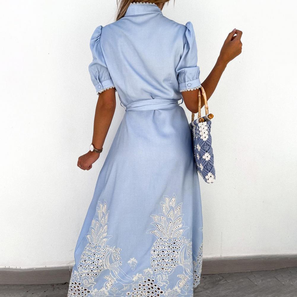 Elegant Embroidered Women Maxi Dress Chic Lapel Long Sleeve High Waist Lace Up Dresses
