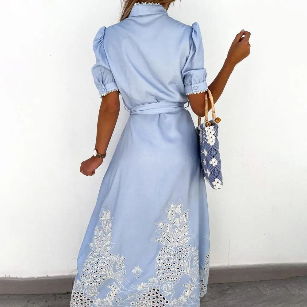 Elegant Embroidered Women Maxi Dress Chic Lapel Long Sleeve High Waist Lace Up Dresses