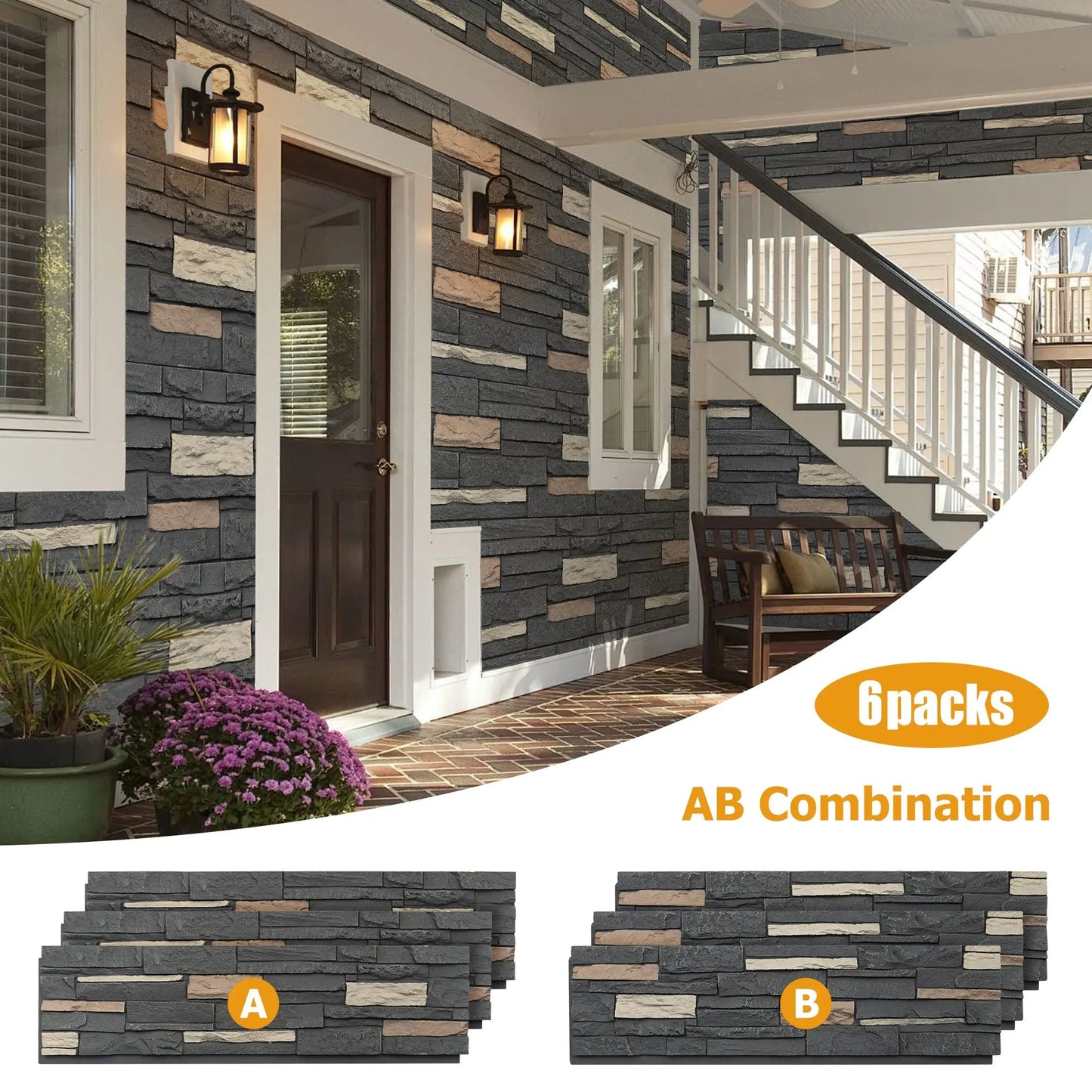 Hausvita Faux Stone Wall Siding Panel, PU Stone Veneer Exterior, 46.46" x 13"