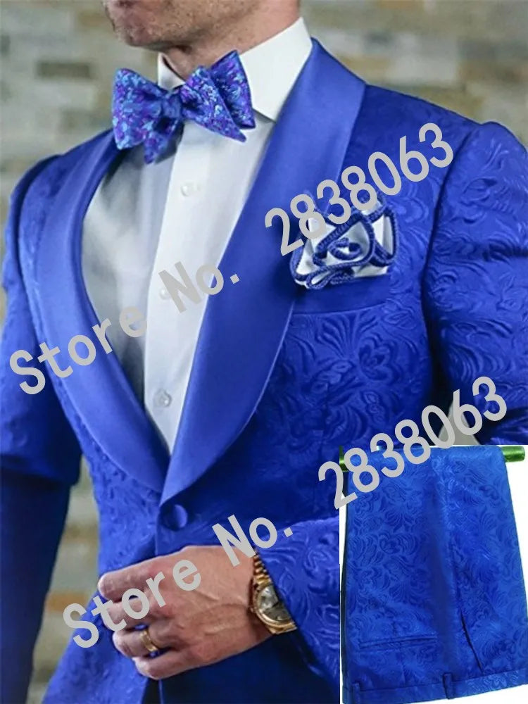 White Pattern Groom Tuxedos Shawl Satin Lapel Men Suits 2 Pieces Wedding Bridegroom (Jacket + Pants + Tie)