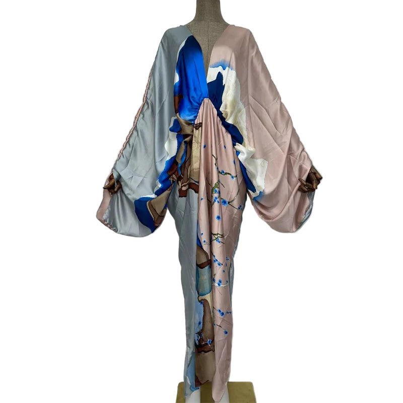 Sexy Silk Long Maxi Robe Women V-neck Bohemian Dress