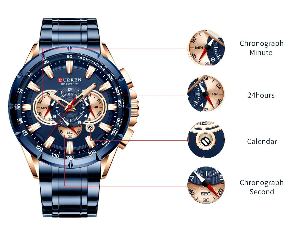 CURREN Men's Luxury Multi-function Quartz Watch Man Stainless Steel Waterproof