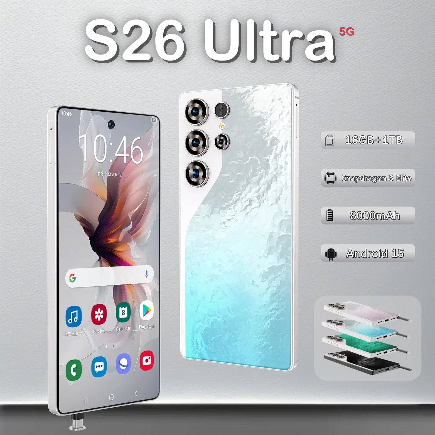 S26 Ultra 16GB+1TB 5G Android 15 Smartphone 7.3 Inch Dual Card Deca Core HD Resolution 100W Quick Unlocked Gaming Phone Spanish