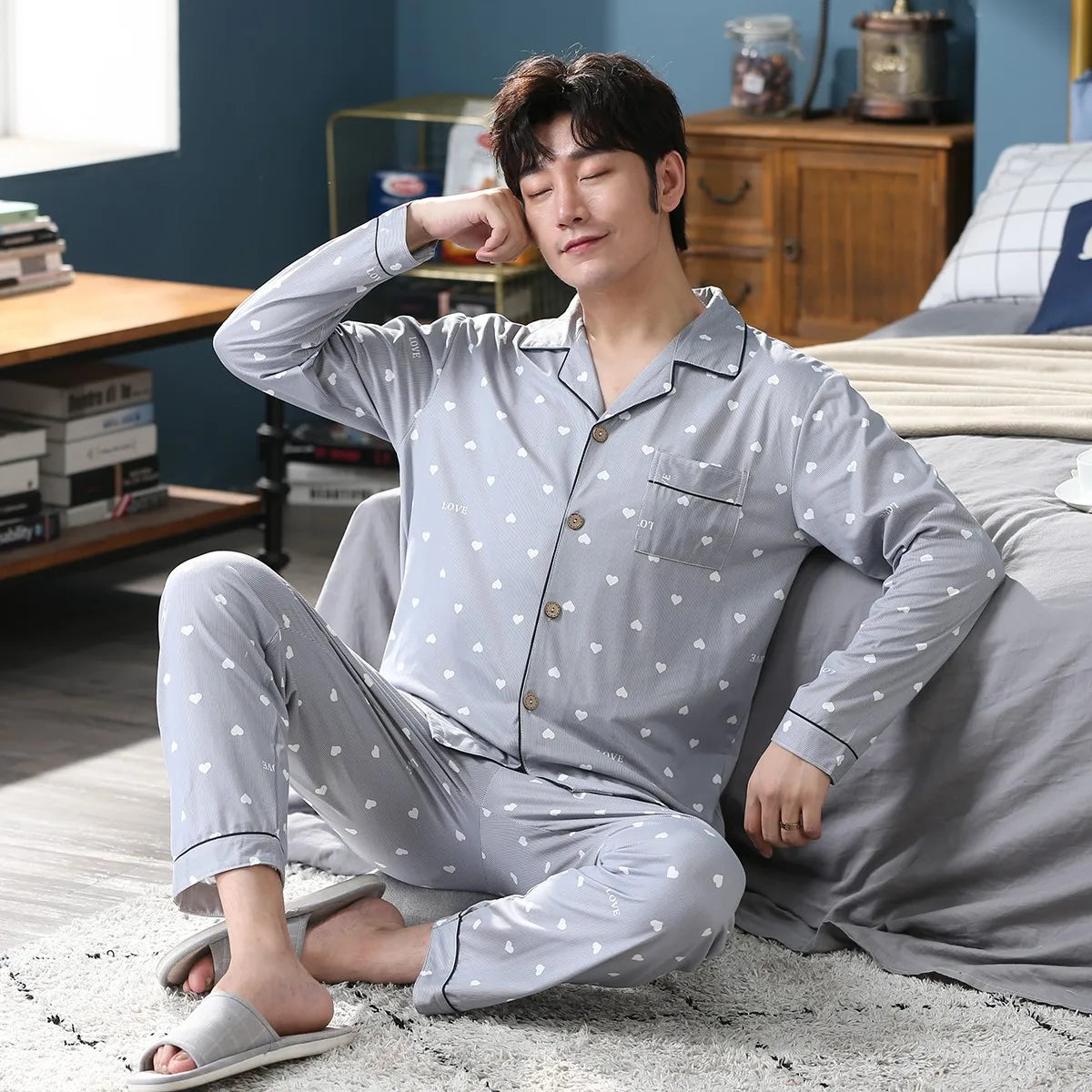 High Quality Autumn Pajamas Mens Milk Silk Sleepwear Long Sleeve 2 Pieces Pajama Set Men Casual Style