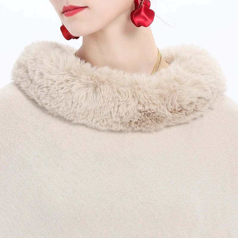 Women's Elegant Poncho Coat Faux Fur Collar Balls Autumn or Winter Knit Pullover Cape