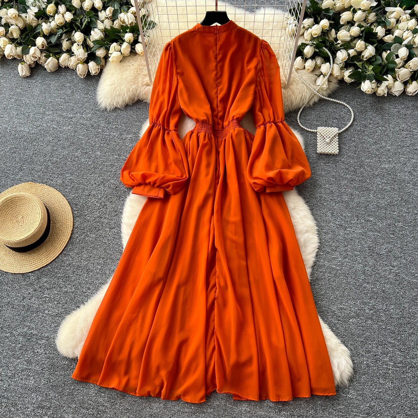 Spring Vintage Tunic Slim Casual Midi Dress For Women Lantern Sleeve Empire Lace Dress