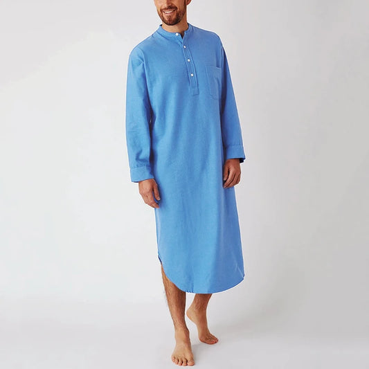 Men's Comfortable Cotton Button-down Sleep Robe Solid Color Stand Neck Long Sleeve Nightgown