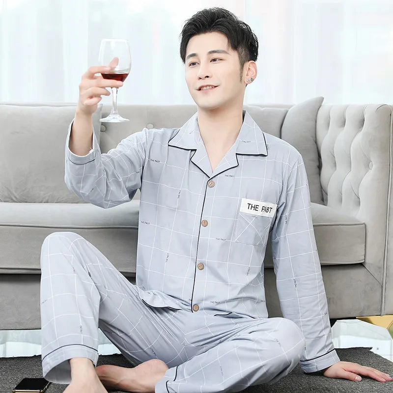 High Quality Autumn Pajamas Mens Milk Silk Sleepwear Long Sleeve 2 Pieces Pajama Set Men Casual Style