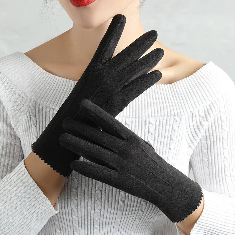 Women Slim Vintage Windproof Touch Screen Suede Winter Gloves