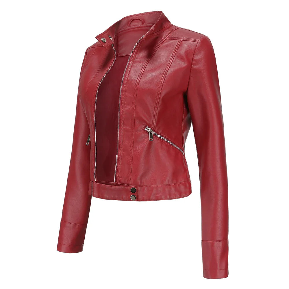 Women PU Leather Short Jacket With Belt Stand-up Collar Zipper Biker Coat
