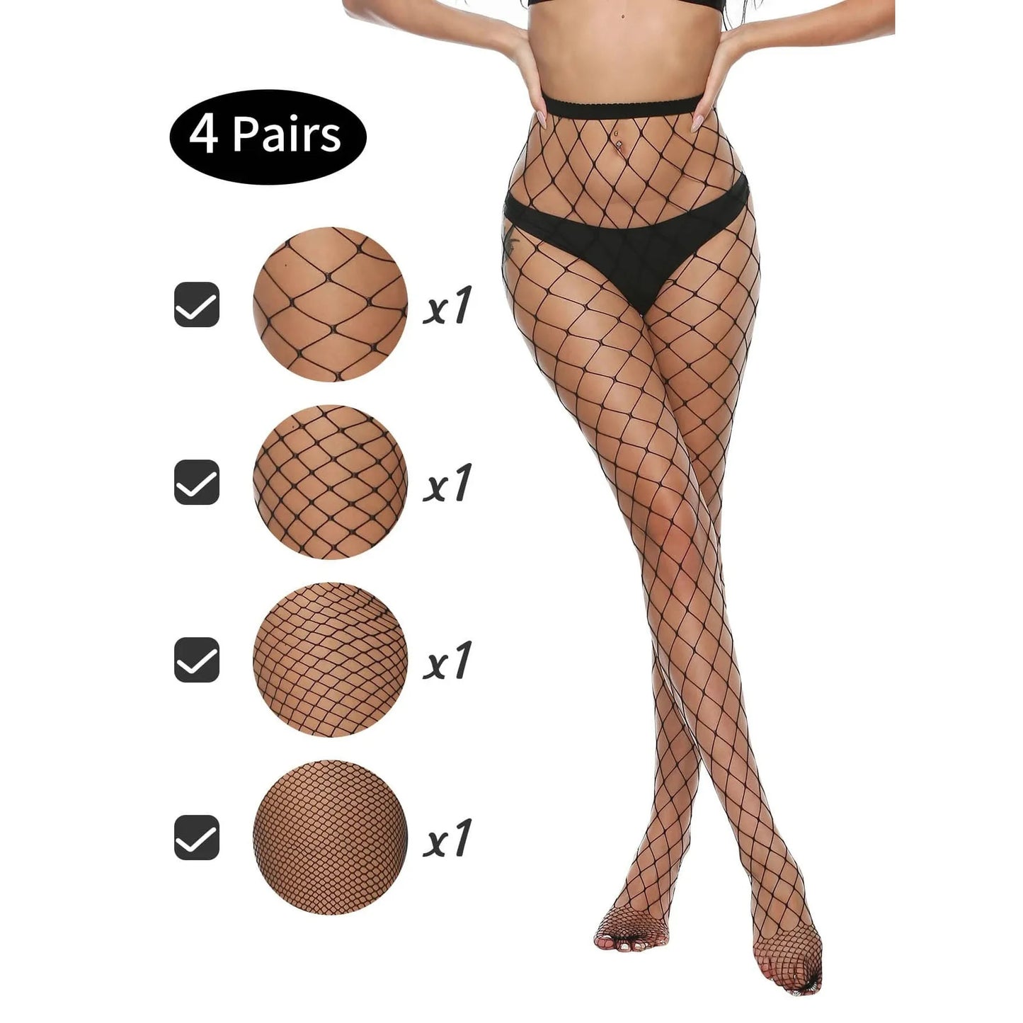 4 Pairs Mini Small Medium Large Holes Plain Fishnet Tight Multi Colors Stretchy Pantyhose