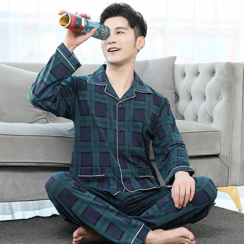 High Quality Autumn Pajamas Mens Milk Silk Sleepwear Long Sleeve 2 Pieces Pajama Set Men Casual Style