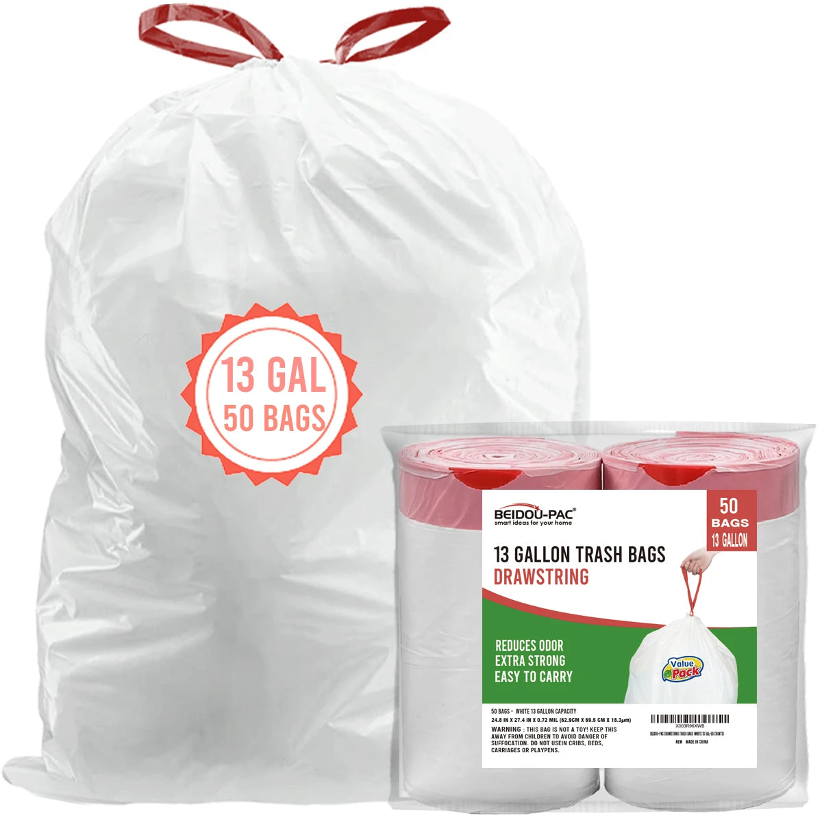 BEIDOU-PAC Tall Kitchen Drawstring Trash Bags 13 Gallon, 200 Count, Heavy Duty White & Unscented Can Liners