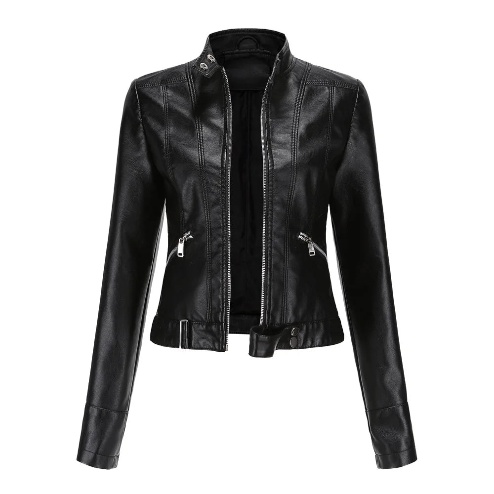 Women PU Leather Short Jacket With Belt Stand-up Collar Zipper Biker Coat