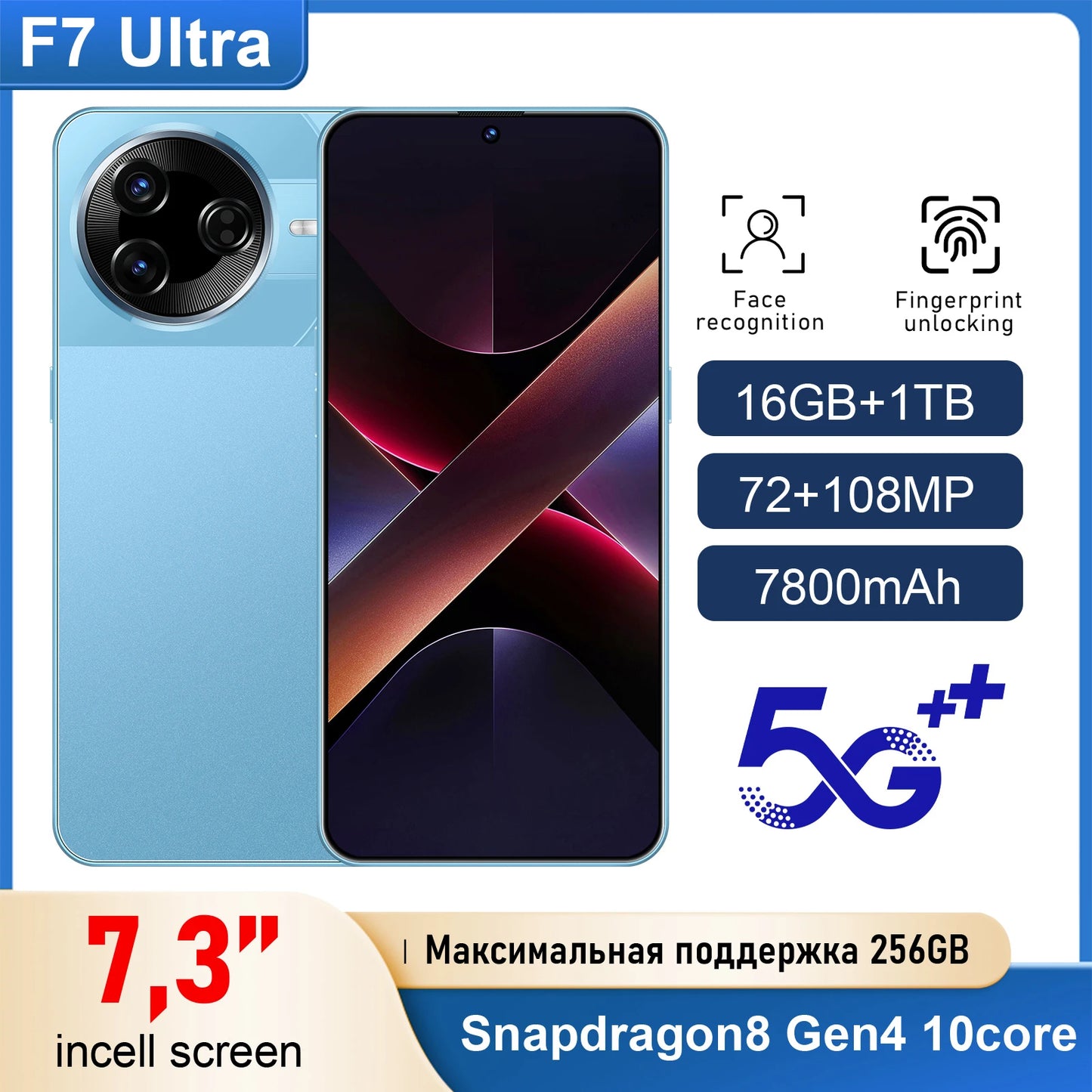 Latest Style F7 Ultra  Original Smart Mobile Phone 7.3-inch HD Screen MTK Dimensity Series CPU 16GB+1TB 108MP Rear Camera