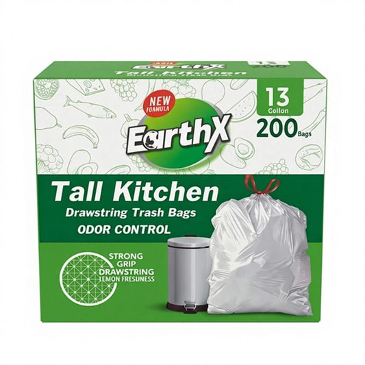 EarthX Tall Kitchen Drawstring Trash Bags 13 Gallon >200 Count Odor Control Food Waste LDPE Material Made in US