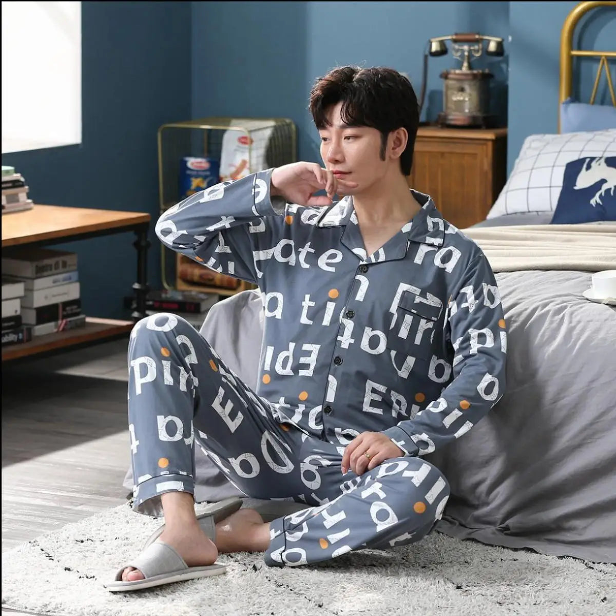 High Quality Autumn Pajamas Mens Milk Silk Sleepwear Long Sleeve 2 Pieces Pajama Set Men Casual Style