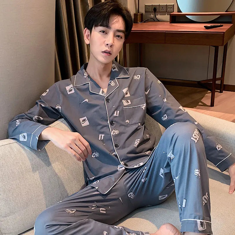 High Quality Autumn Pajamas Mens Milk Silk Sleepwear Long Sleeve 2 Pieces Pajama Set Men Casual Style