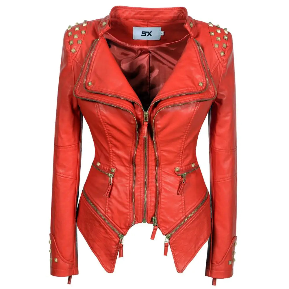 Fashion Women Smooth Motorcycle PU Leather Faux Jacket Long Sleeve