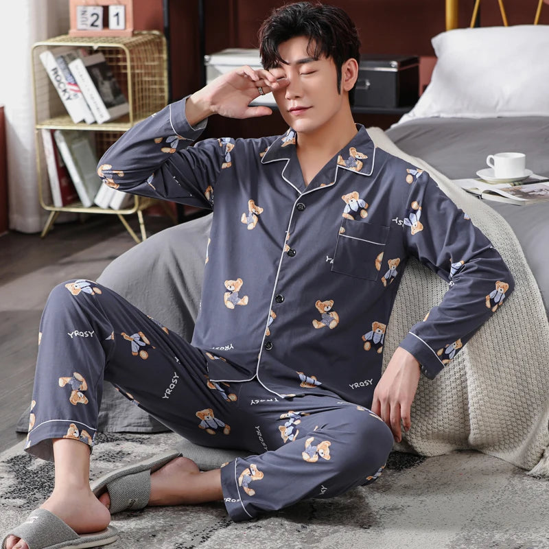High Quality Autumn Pajamas Mens Milk Silk Sleepwear Long Sleeve 2 Pieces Pajama Set Men Casual Style