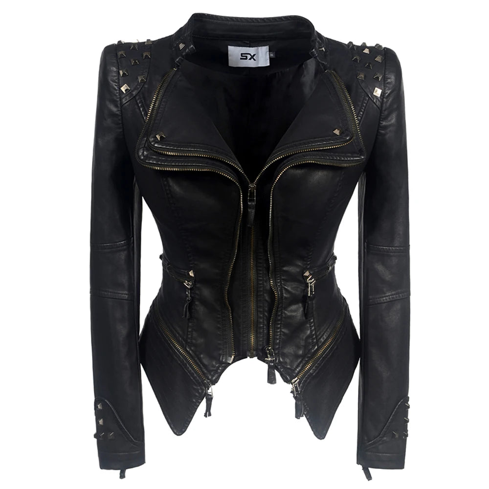 Fashion Women Smooth Motorcycle PU Leather Faux Jacket Long Sleeve