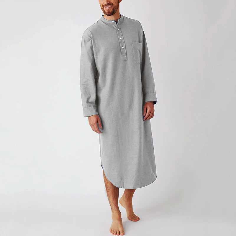 Men's Comfortable Cotton Button-down Sleep Robe Solid Color Stand Neck Long Sleeve Nightgown