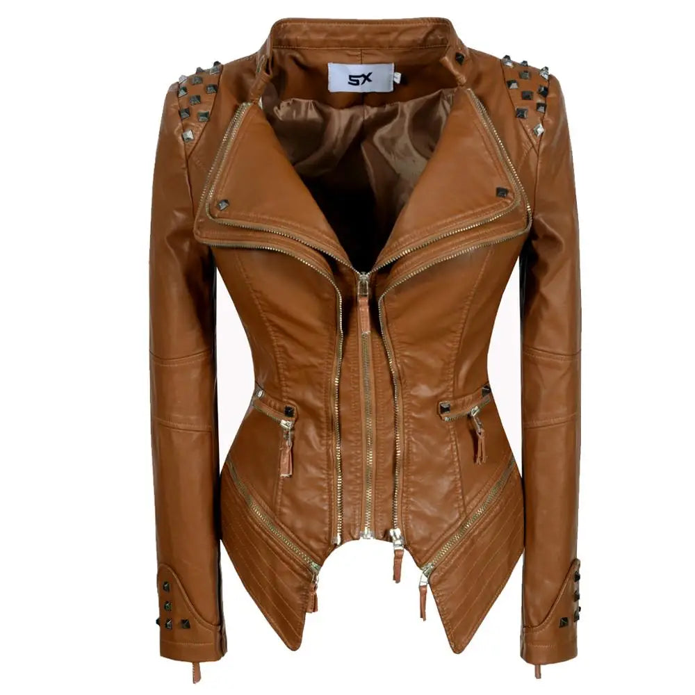Fashion Women Smooth Motorcycle PU Leather Faux Jacket Long Sleeve