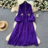 Spring Vintage Tunic Slim Casual Midi Dress For Women Lantern Sleeve Empire Lace Dress