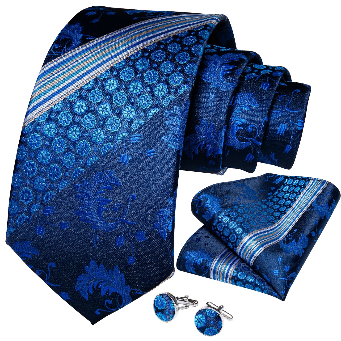 New Classic 100% Silk Men's Ties 8cm Blue Plaid Dot Striped Business Necktie Handkerchief Wedding Party Tie Set