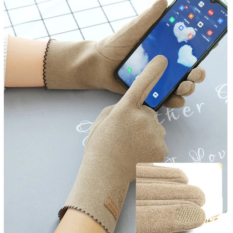 Women Slim Vintage Windproof Touch Screen Suede Winter Gloves