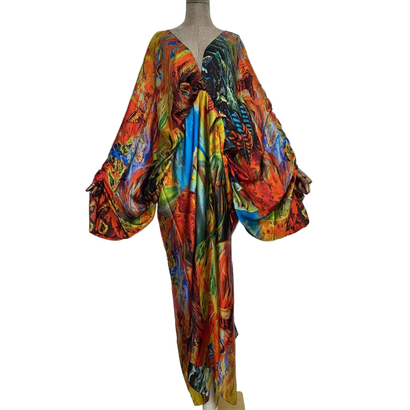 Sexy Silk Long Maxi Robe Women V-neck Bohemian Dress