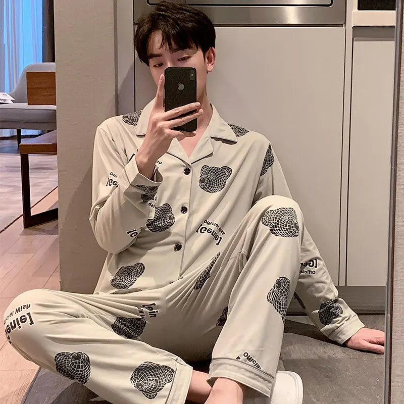 High Quality Autumn Pajamas Mens Milk Silk Sleepwear Long Sleeve 2 Pieces Pajama Set Men Casual Style