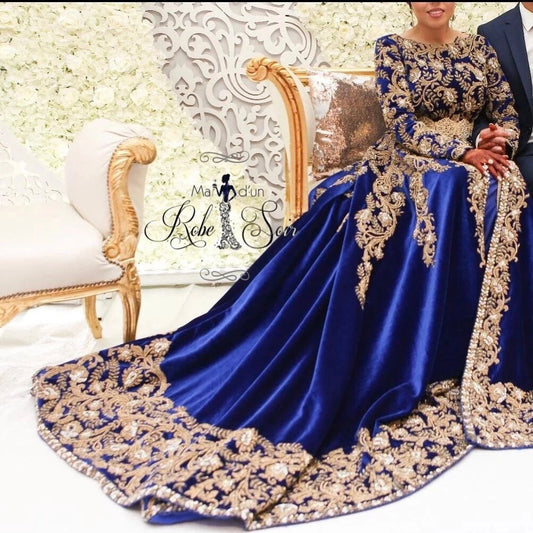Elegant Royal Blue Moroccan Evening A-line Dress Long Sleeves with Appliques