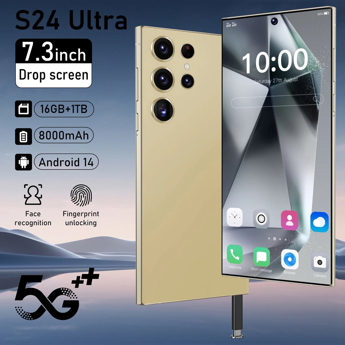 S24 Ultra 16GB+1TB Smart Android 8000mAh 5G Dual SIM Dual Standby Unlocked Smartphone Quad Core CPU HD 65W 16GB+512GB English