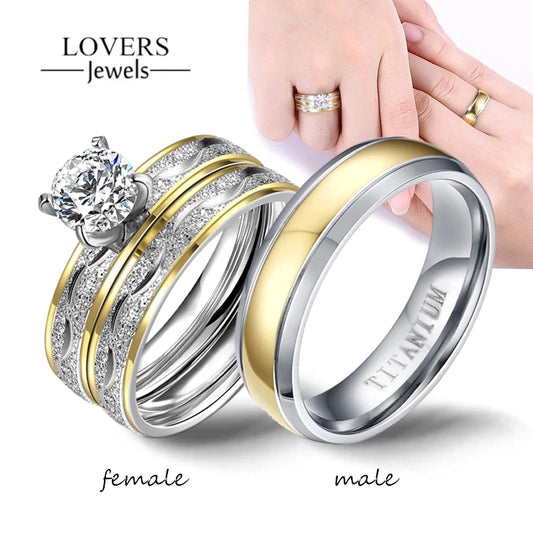 Couple Exquisite Rings Women Rhinestones Zirconia & Men Stainless Steel Ring Wedding Jewelry Love Gift