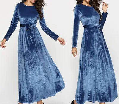 Women's Solid Color Round Neck High Waist Velvet Dresses Lace Long Dress