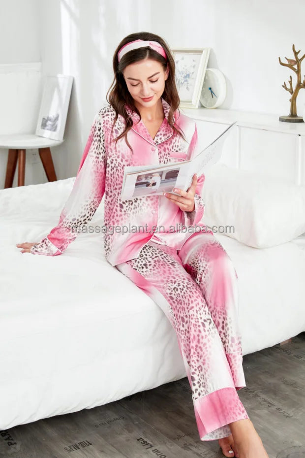 Family Kids Silk Pajamas New Fashion Stain High Quality Pink Leopard Pajamas With Headband