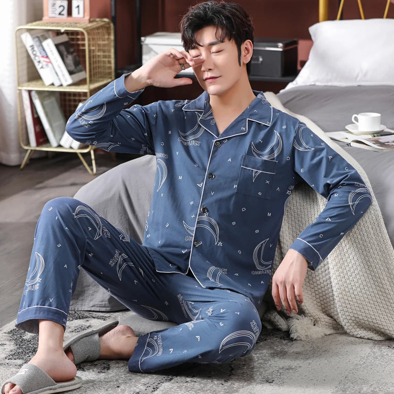 High Quality Autumn Pajamas Mens Milk Silk Sleepwear Long Sleeve 2 Pieces Pajama Set Men Casual Style