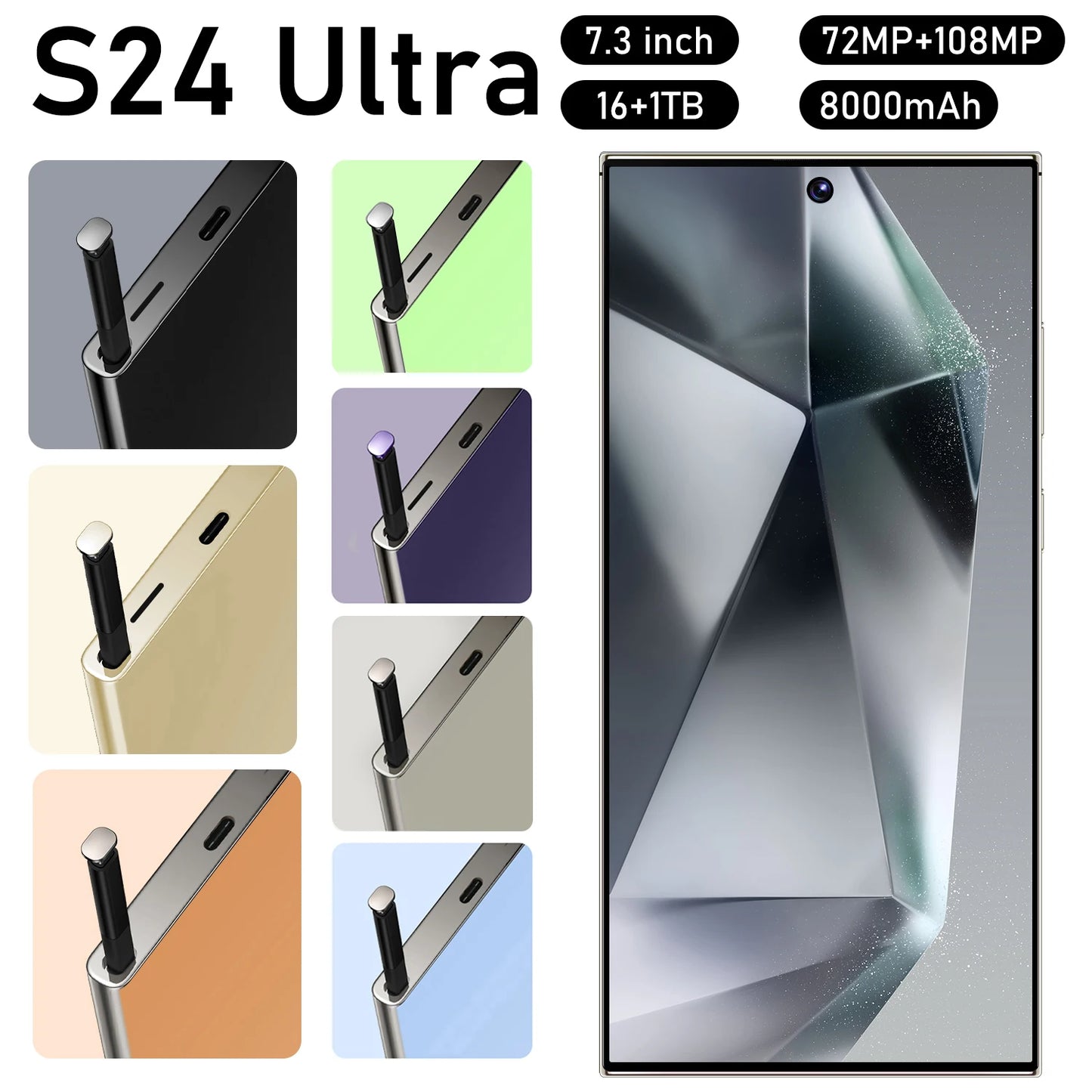 S24 Ultra 16GB+1TB Smart Android 8000mAh 5G Dual SIM Dual Standby Unlocked Smartphone Quad Core CPU HD 65W 16GB+512GB English