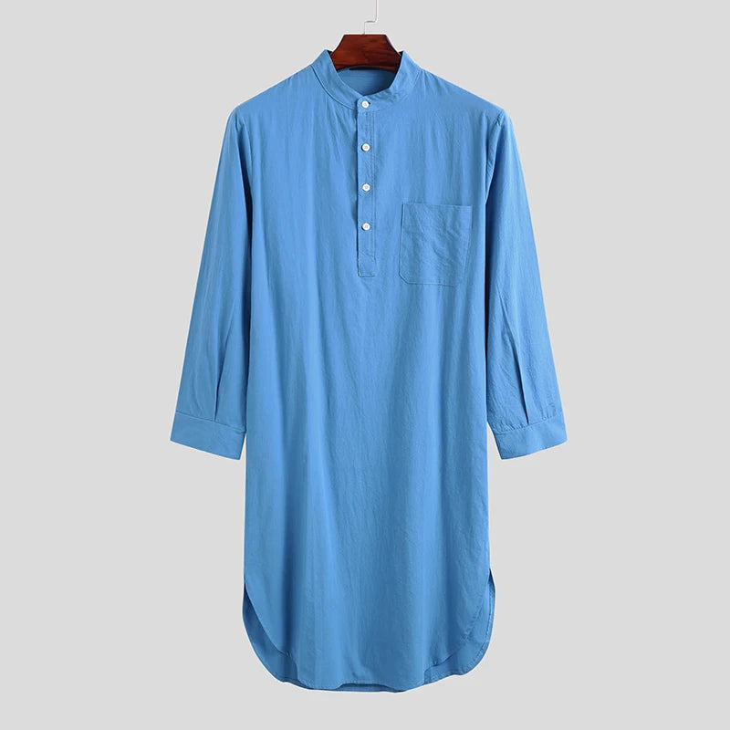 Men's Comfortable Cotton Button-down Sleep Robe Solid Color Stand Neck Long Sleeve Nightgown