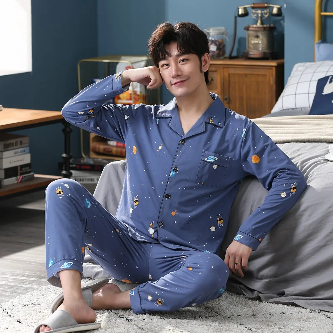 High Quality Autumn Pajamas Mens Milk Silk Sleepwear Long Sleeve 2 Pieces Pajama Set Men Casual Style