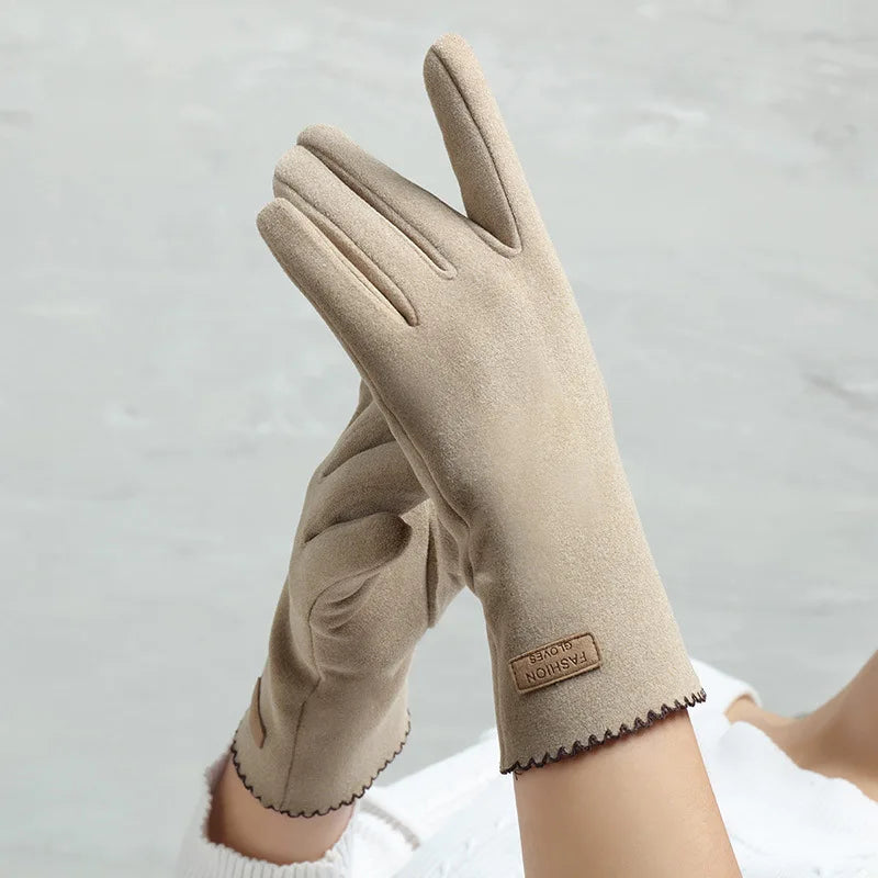 Women Slim Vintage Windproof Touch Screen Suede Winter Gloves