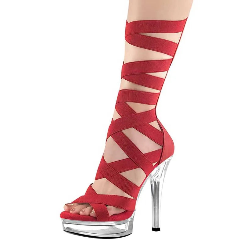 13cm Hollow Roman Cross Strap Super High Heel Nightclub Sexy Short Boots Open Toe
