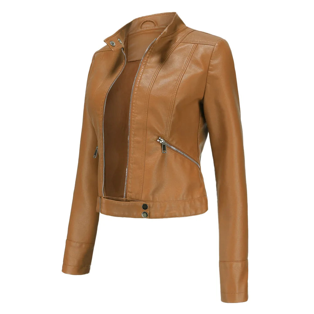 Women PU Leather Short Jacket With Belt Stand-up Collar Zipper Biker Coat