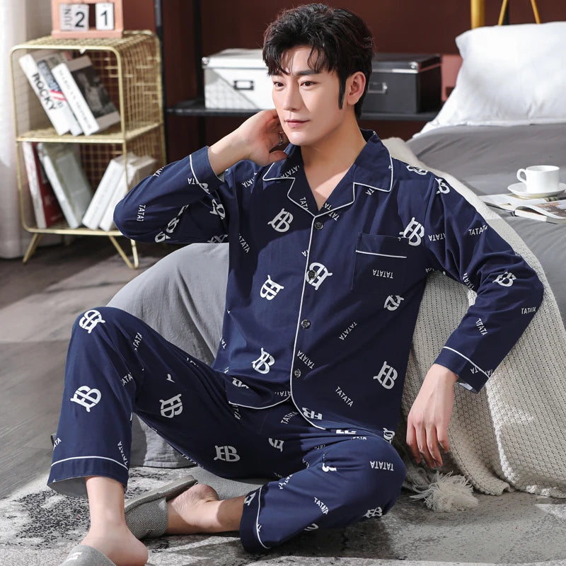 High Quality Autumn Pajamas Mens Milk Silk Sleepwear Long Sleeve 2 Pieces Pajama Set Men Casual Style
