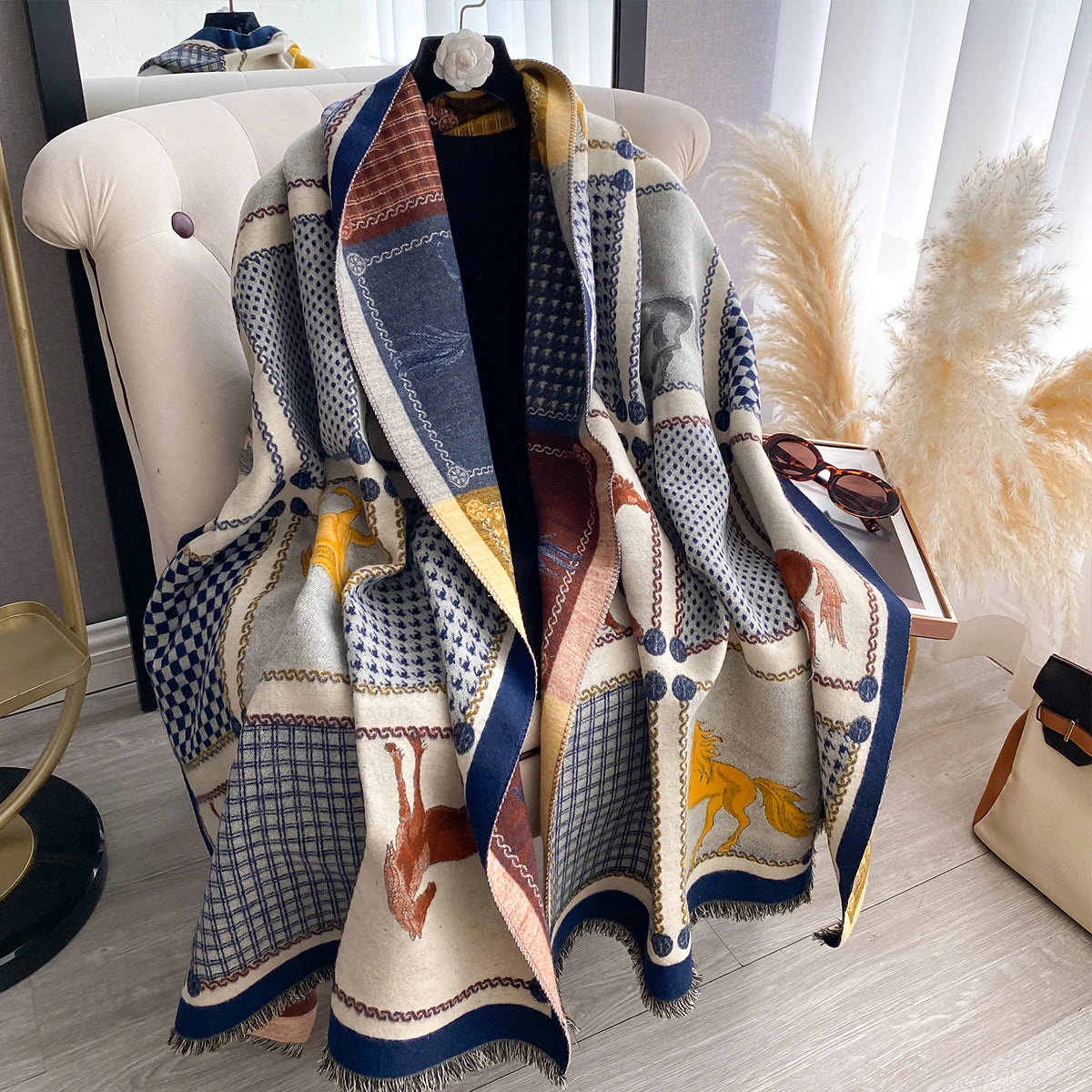 Women's Fashion Multi-Pattern Printed Scarf with Houndstooth Chain Accents and Animal Print Modern Shawl Wholesale
