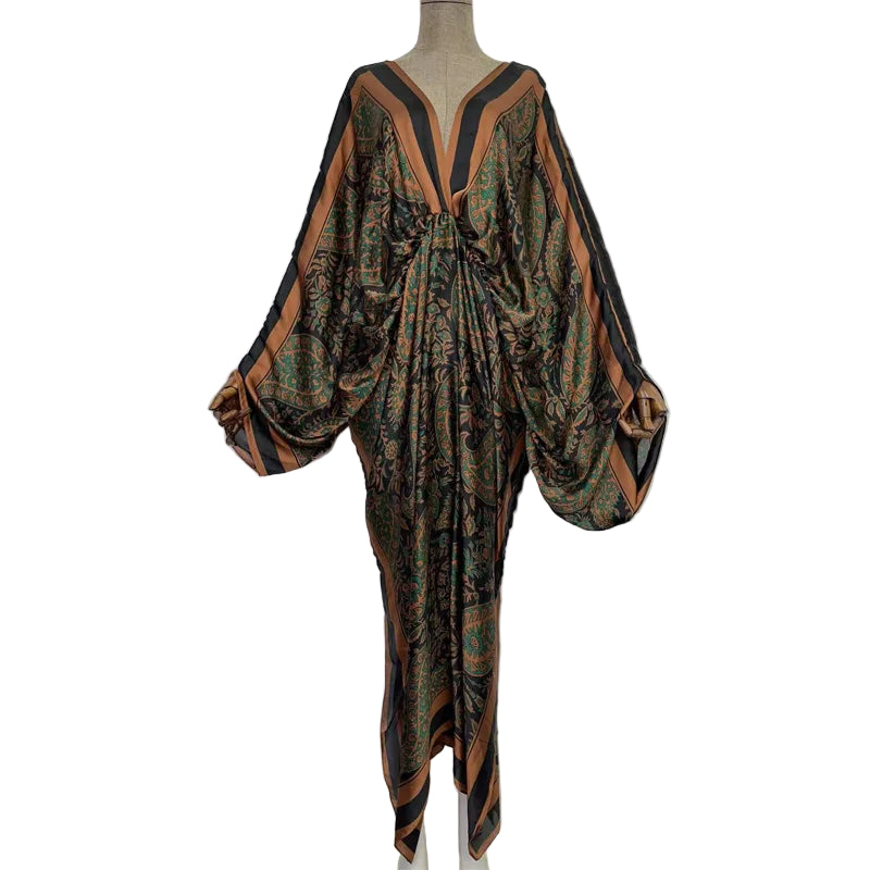 Sexy Silk Long Maxi Robe Women V-neck Bohemian Dress