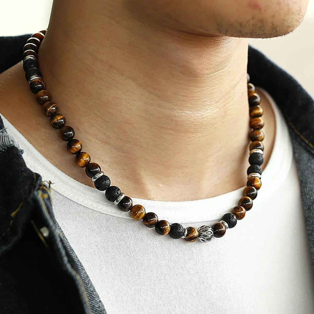 Natural Stone Tiger Eyes Lava Bead Men's Necklace Stainless Steel Beaded 8mm 18/20inch