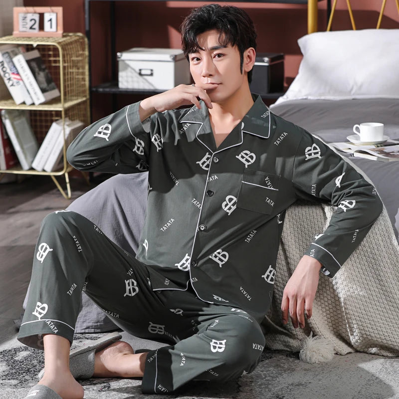 High Quality Autumn Pajamas Mens Milk Silk Sleepwear Long Sleeve 2 Pieces Pajama Set Men Casual Style